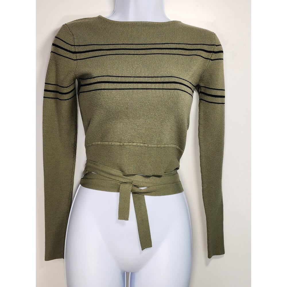 ZARA Knit Wrap Crop Sweater Olive Green Striped Tie Waist S Y2K